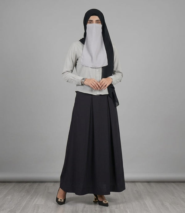 Grey button-down shirt & black pleated maxi skirt modest co-ord set with hijab