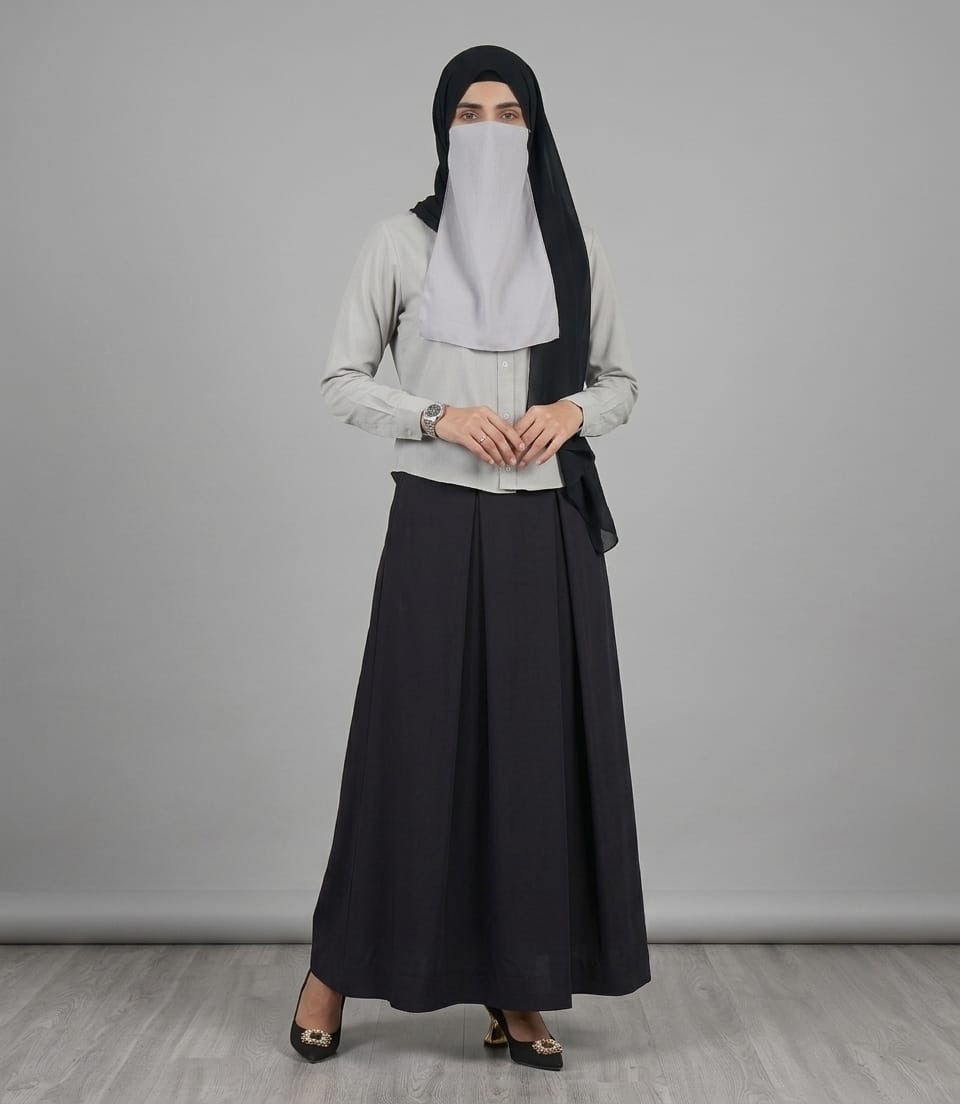 Grey button-down shirt & black pleated maxi skirt modest co-ord set with hijab