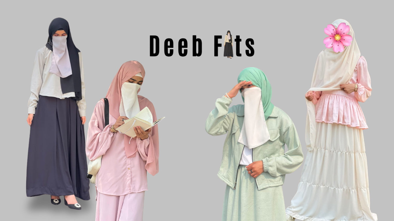 Four women modeling modest clothing sets in different colors (black, pink, mint green, and white with a pink top) against a solid gray background, with the text 'Deeb Fits' centered at the top.